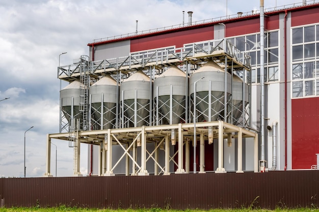 Moderno elevatore per granaio e linea di pulizia delle sementi Silos d'argento su impianto di agroprocessing e produzione per la lavorazione essiccazione pulitura e stoccaggio di prodotti agricoli farina cereali e grano