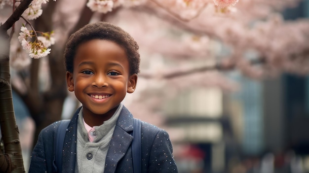 Moderno giovane ragazzo nero africano felice sullo sfondo di fiori di ciliegio rosa metropoli città