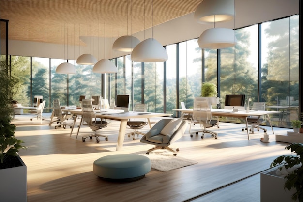 Moderno grande ufficio luminoso con postazioni di lavoro e finestre panoramiche AI generativo