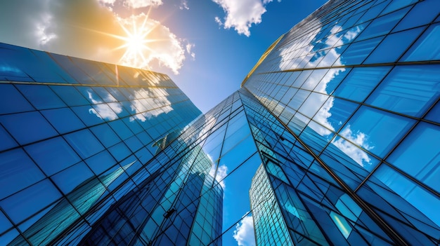 Moderno grattacielo paesaggio urbano con facciata di vetro e cielo illuminato dal sole