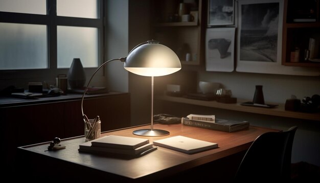 Moderno home office con comoda sedia illuminata da una lampada elettrica generata da AI