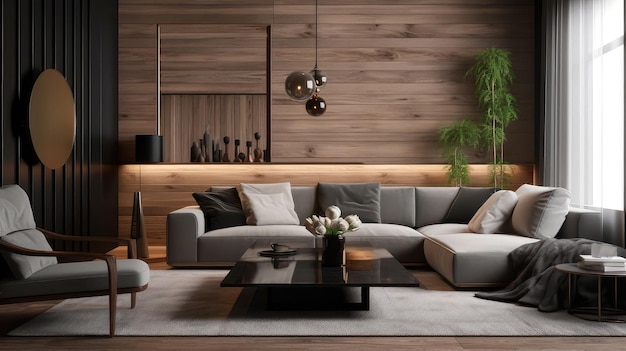 Moderno interior design del soggiorno IA generativa