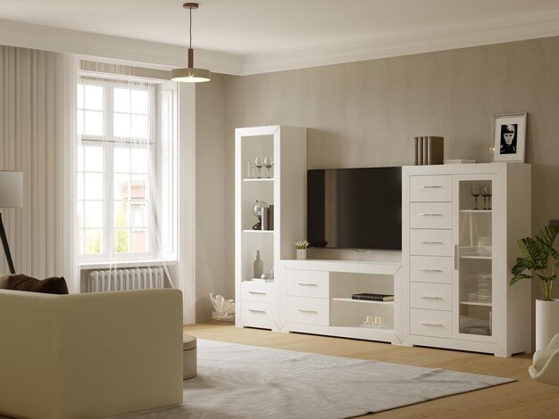 Moderno interior design per il soggiorno con mobili minimalisti in stile vintage e realtà aumentata
