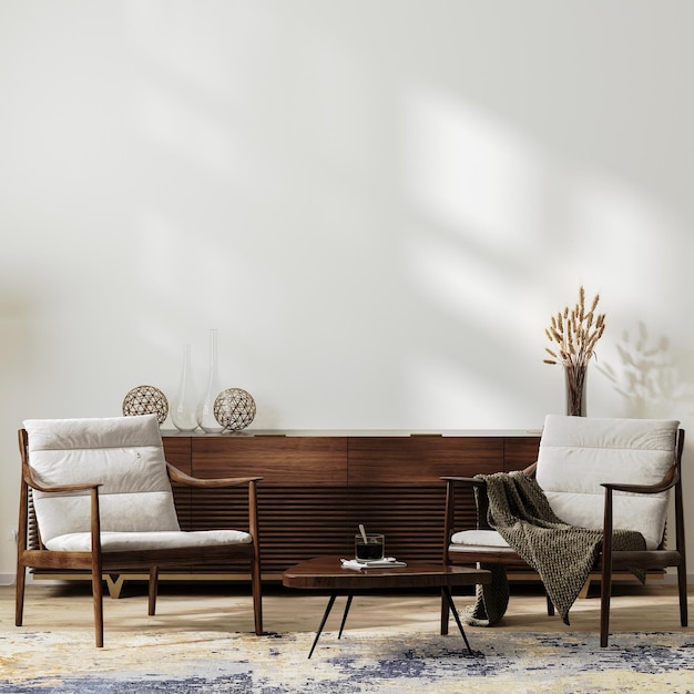 moderno interno del soggiorno con due poltrone vicino al tavolo da caffè e decorazione della casa in stile scandinavo vuoto parete bianca mock up rendering 3D