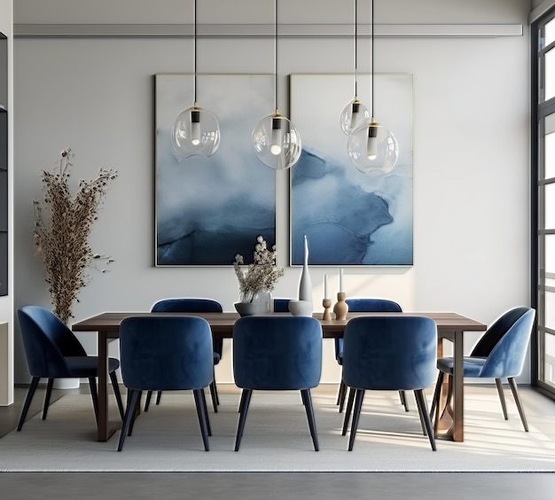 moderno interno della sala da pranzo con sedie blu e dipinti sulla parete.