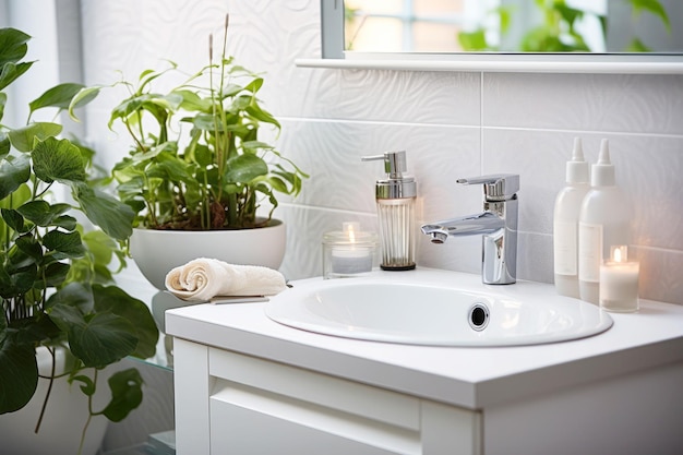 Moderno lavabo bianco con rubinetto e piante d'appartamento in stile interno scandinavo