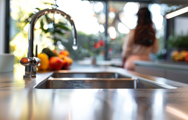 Moderno lavandino da cucina e rubinetto con donna sfocata in piedi sullo sfondo