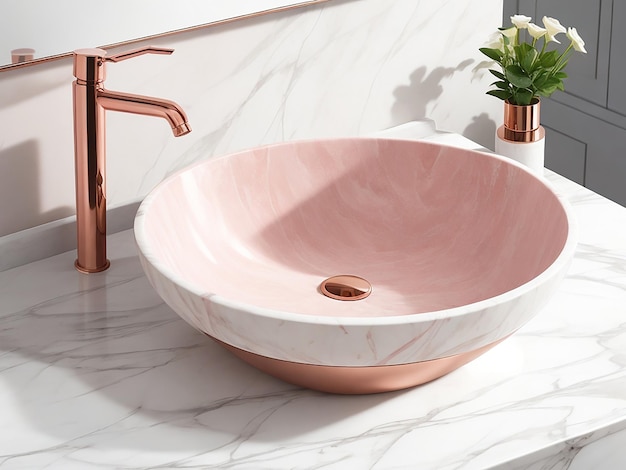 Moderno lavandino in ceramica rosa con accenti in oro rosa sulla perfezione del marmo