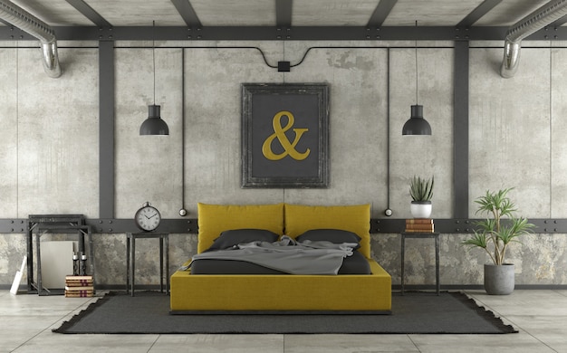 Moderno letto giallo e nero in un soppalco