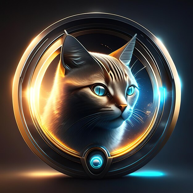 Moderno logo rotondo con gatto e dettagli in oro e luce sullo sfondo AI generativa