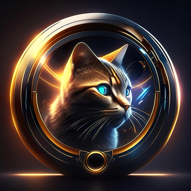 Moderno logo rotondo con gatto e dettagli in oro e luce sullo sfondo AI generativa