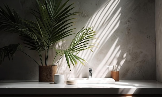 Moderno marmo bianco pietra bagno vanità e spazio verde palma di bambù tropicale nella luce solare generativa AI