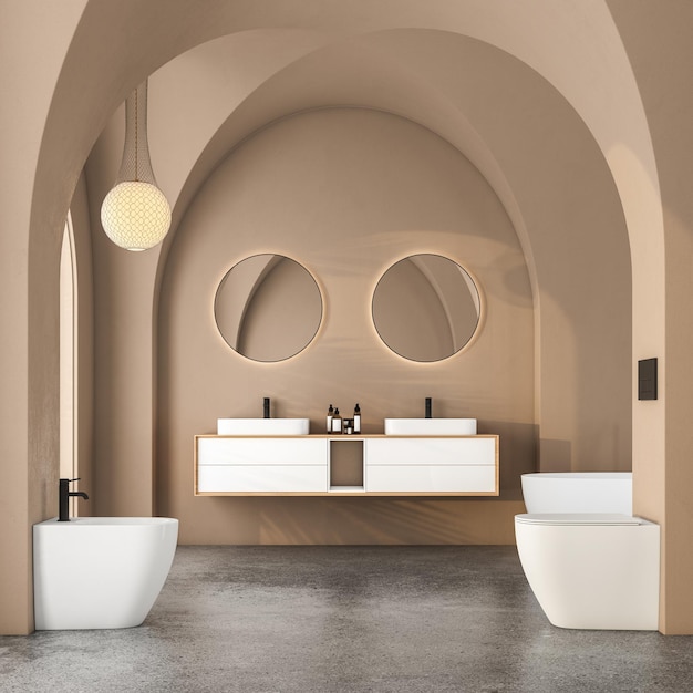 Moderno metà secolo e minimalista bagno interno beige arredamento concetto moderno mobile bagno bianco doppio lavabo bianco bidet vasca da bagno con parete beige e pavimento in cemento rendering 3d