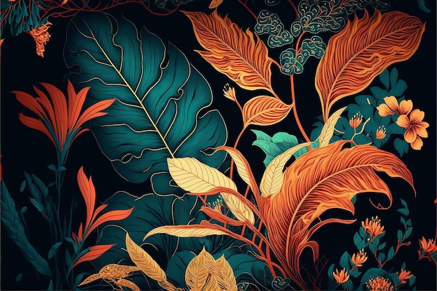 Moderno modello di giungla floreale esotica in stile art deco design di stampa di foglie AI generativo
