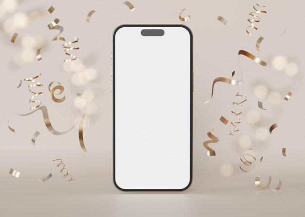 Moderno modello di smartphone con schermo vuoto circondato da confetti dorati festivi perfetto per la promozione di app temi di celebrazione Congratulazioni a sorpresa vacanze sfondo beige 3D