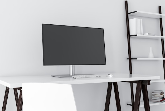 Moderno monitor ampio Mockup su tavolo bianco, rendering 3d