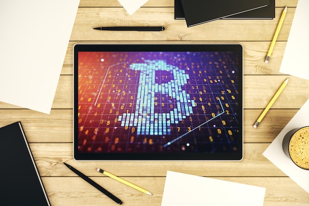 Moderno monitor digitale per tablet con simbolo creativo di Bitcoin Concept di criptovaluta Top view Rendering 3D