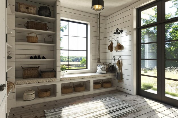 Moderno mudroom ispirato a una fattoria con parete shiplap