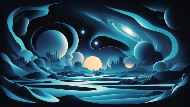 Moderno paesaggio notturno fantasy futuristico con isole astratte e cielo nottur no con galassie spaziali