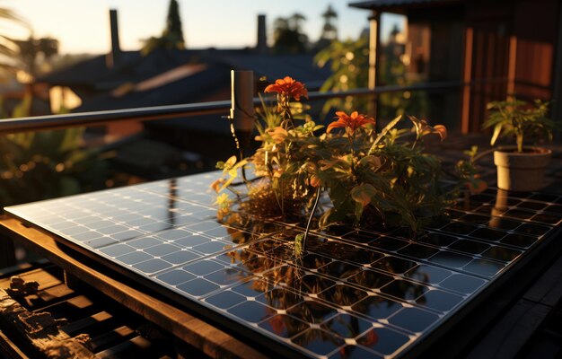 Moderno pannello solare sul tetto con piante al mattino Pannello solare su tetto rosso che riflette il sole e il cielo blu senza nuvole