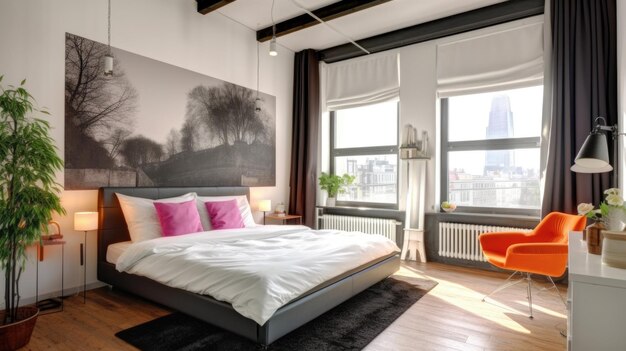 Moderno pavimento in legno e interni della camera da letto di colore bianco con luce diurna e vista sulla città Generative AI AIG27