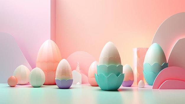 Moderno poster futuristico di Pasqua e modello di banner con uova di Pasqua su sfondo chiaro Saluti per il giorno di Pasqua Contenuto di intelligenza artificiale generativa