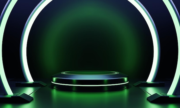 Moderno prodotto rotondo vetrina scifi podio con luce verde incandescente cornice al neon sfondo Tecnologia e oggetto per il concetto di modello pubblicitario rendering di illustrazioni 3D