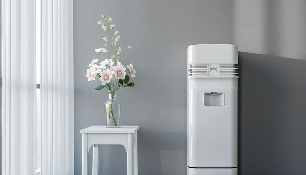 Moderno raffreddatore d'acqua e vaso con fiori sul tavolo vicino alla parete grigia