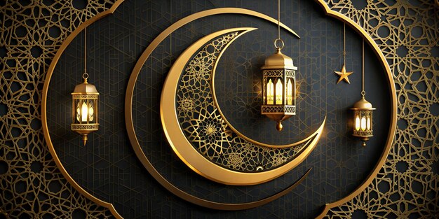 Moderno Ramadan Kareem su sfondo nero con luna di lanterna d'oro e design di ornamenti di calligrafia