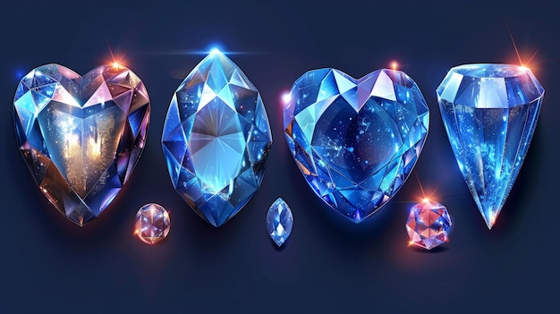 Moderno realistico set di gemme luminose a forma di cuore e gemme di cristallo con luci magiche isolate su uno sfondo trasparente