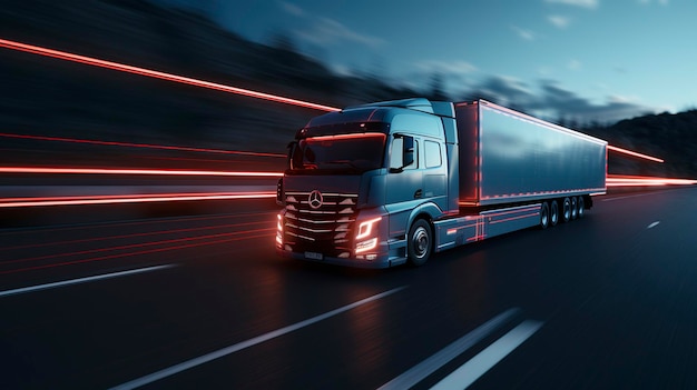 Moderno semitruck sull'autostrada di notte con motion blur che trasmette velocità e logistica