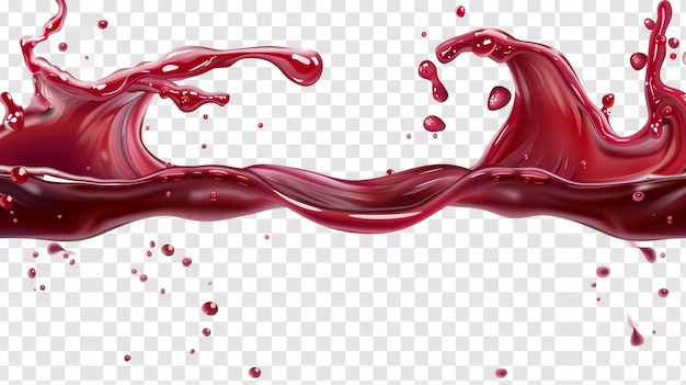 Moderno set di ondate liquide realistiche di bevande di frutta, uva di fragola o succo di ciliegio con spruzzi orizzontali isolati su uno sfondo trasparente