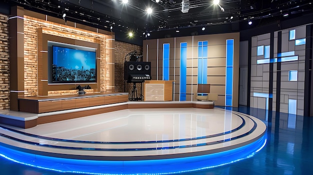 Moderno set di studio televisivo prima della trasmissione scena vuota dello show televisivo con luci e telecamere design contemporaneo e attrezzature professionali in studio AI