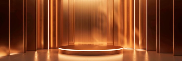 Moderno sfondo del podio con linee dorate eleganti e una piattaforma scenica illuminata perfetta per mostrare l'IA generativa