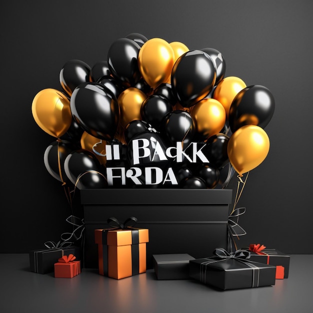 Moderno sfondo del venerdì nero con regali e palloncini vendita banner design Generative Ai