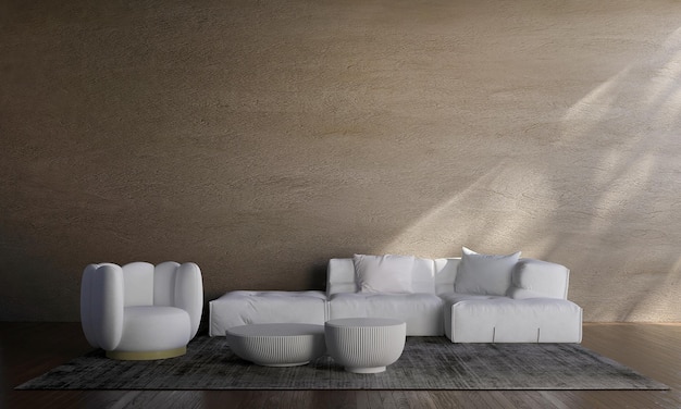 Moderno soggiorno accogliente e muro di cemento texture sfondo interior design 3D rendering