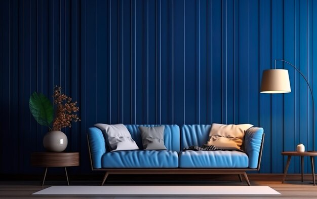 Moderno soggiorno accogliente e sfondo a struttura blu della parete