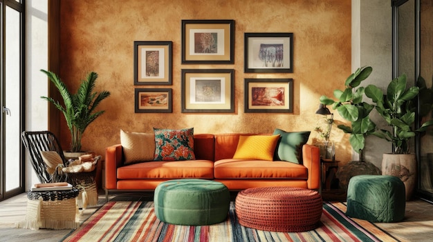 Moderno soggiorno boho con divano arancione e accenti colorati