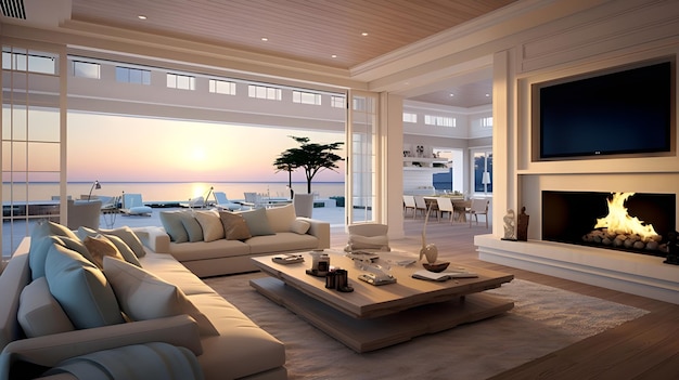 moderno soggiorno con finestre a soffitto a pavimento con vista sull'oceano