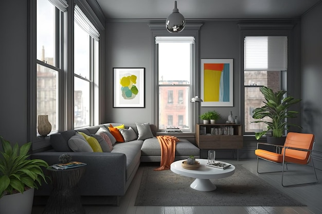 Moderno soggiorno grigio con accenti luminosi e una finestra luminosa