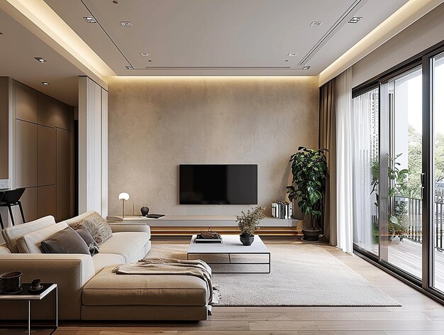 moderno soggiorno in stile scandinavo con grande divano luminoso e tappeto abbinato