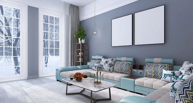Moderno soggiorno interior design scena con cornice per foto divano mockup set tavolino finestre