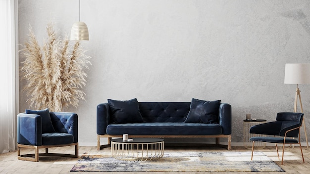Moderno soggiorno mock up con divano blu scuro poltrone vicino al tavolo da caffè moderna lampada da pavimento tappeto e vuota parete grigia soggiorno di lusso interno sfondo 3D rendering