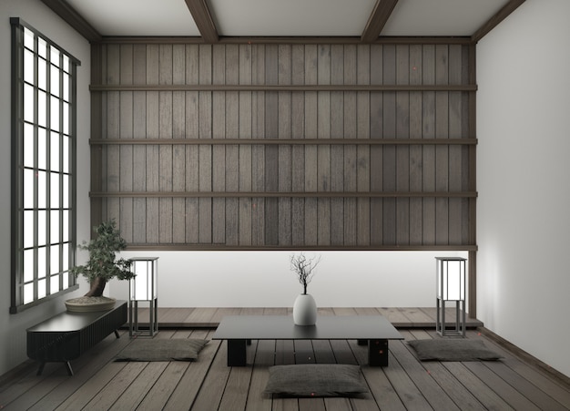 moderno soggiorno vuoto con pavimento tatami e tradizionale rendering giapponese.3D