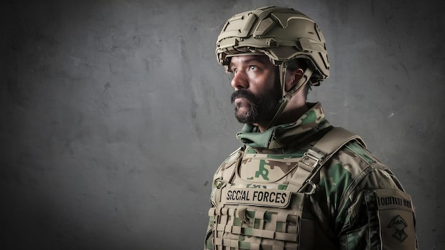 Moderno soldato delle forze speciali in uniforme di camuffamento che guarda di lato