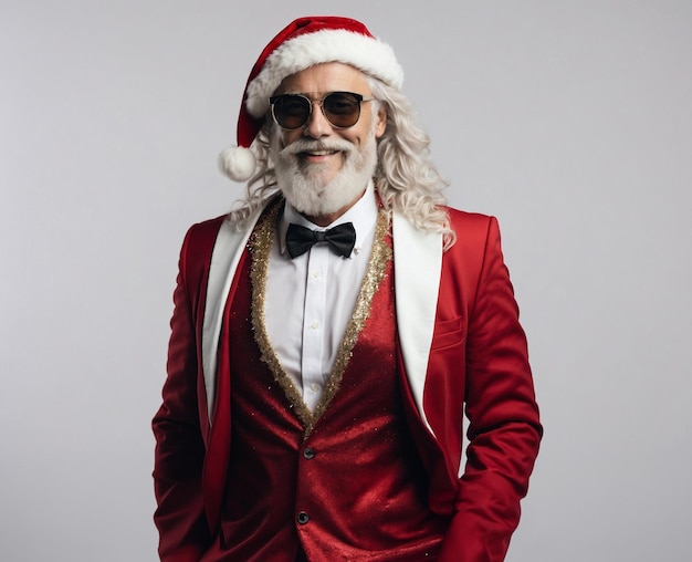 moderno sorridente vestito hipster felice Babbo Natale indossa occhiali da sole e sorridente