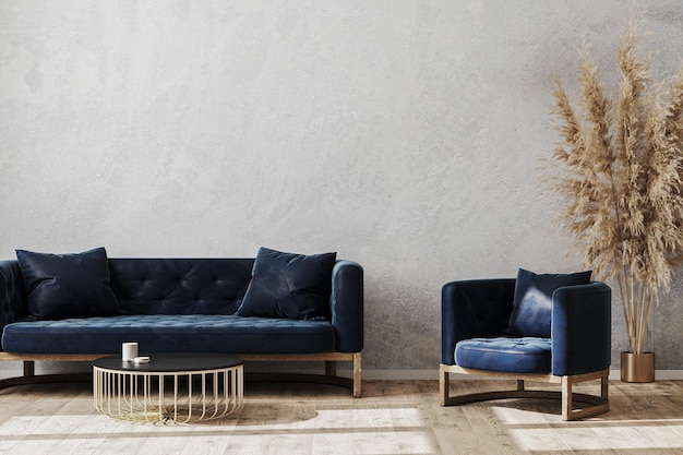 Moderno stile scandinavo sala da letto interno mock up con divano blu scuro e poltrona salotto interno sfondo 3d rendering