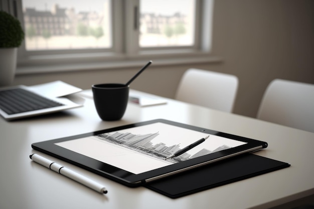 Moderno tablet ultrasottile sul tavolo correlato alla tecnologia portatile I tablet sono dispositivi elettronici mobili