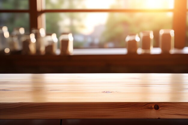 Moderno tavolo da cucina luminoso per l'esposizione dei prodotti con interno sfocato e abbondante luce naturale