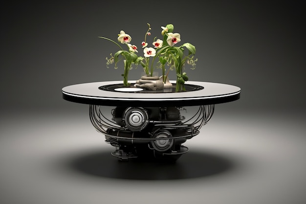 Moderno tavolo rotondo con vasi e vasi da fiore per mobili per ufficio o appartamento